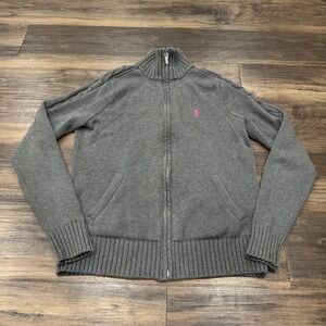 Ralph Lauren Sport Sweater Women Medium Gray Full Zip Pink Pony VTG Cotton Knit